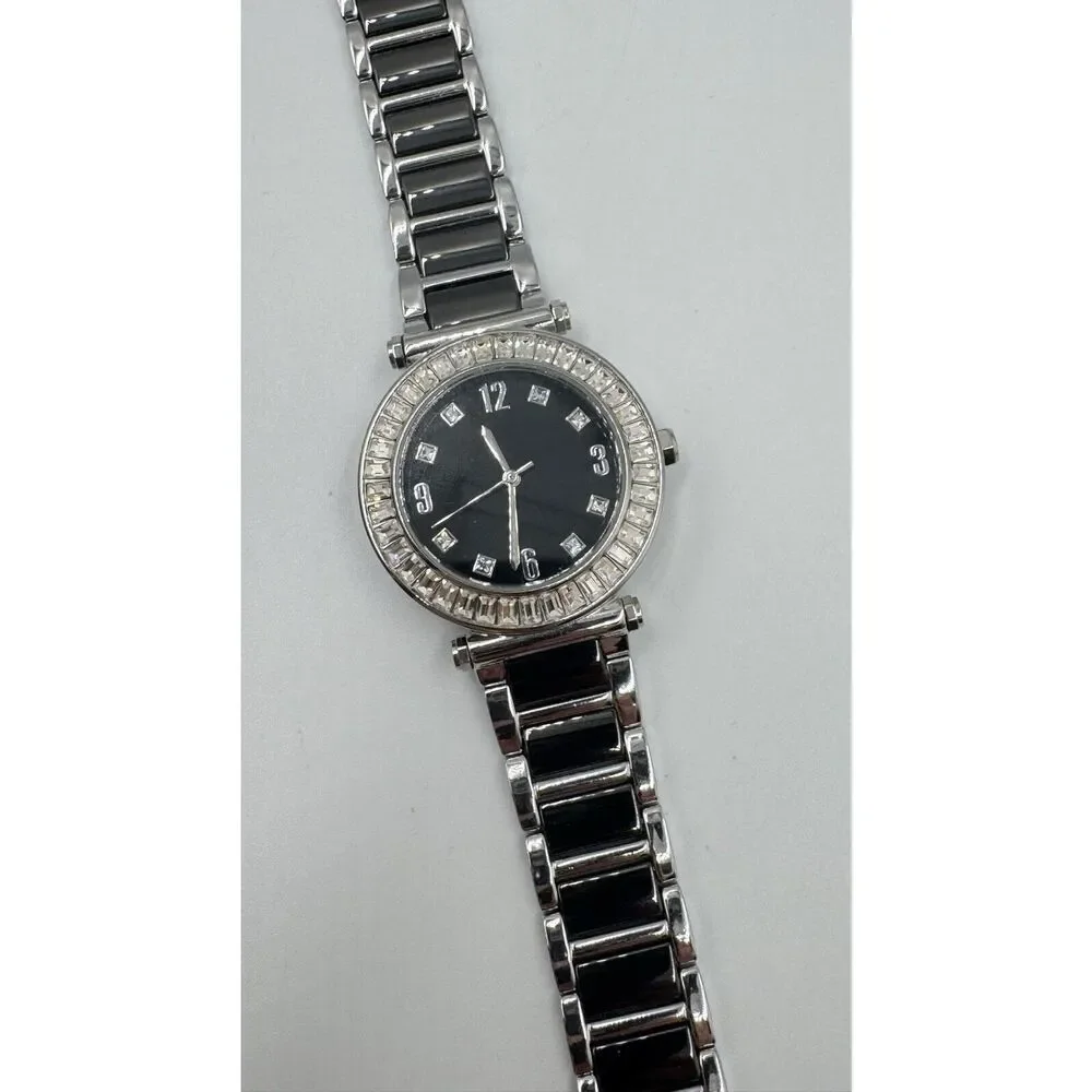 Diamonique Baguette CZ Bezel Black Stainless‎ Steel Statement Watch NEW BATTERY